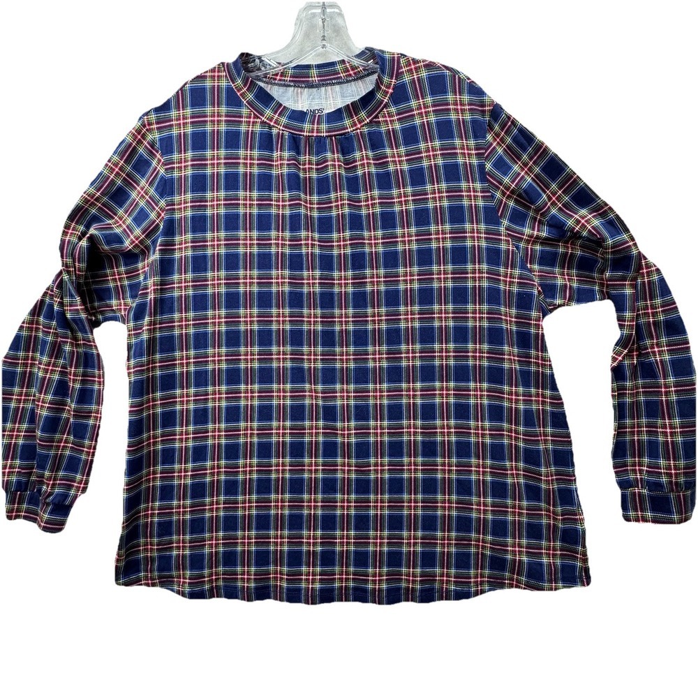 Lands End Women's Plus Size 2X Mock Neck Long Sleeve Top Blue Plaid Modal Blend‎